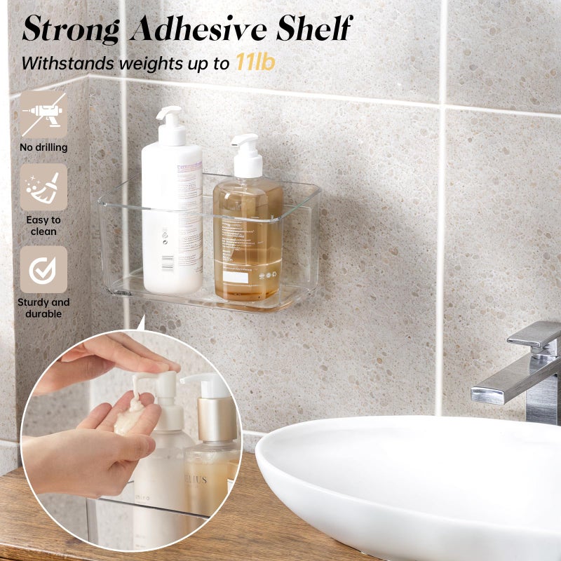 PAVSTINE 2 Pack Clear Shower Shelf, Adhesive Bathroom Shower Shelves, Wall Mounted Bathroom Shower Organizer, No Drill Shower Shelves with Self Adhesive Tape for Bathroom, Kitchen, Transparent - Image 2
